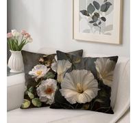 White Outdoor Cushions Covers 60 x 60 cm Sofa Cushions Flowers Breathable Velvet Square Pillow Cases Decorative Pillows Pack of 2, with Invisible Zipper, Double-Sided Printing, for Room Decor V-20