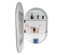 White Oval Wooden Bathroom Mirror Cabinet with Cosmetic Shelf (Dimensions: 80x50x14cm) - Stylish Storage Solution for nizing Beauty Essentials.
