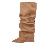 White owgirl Boots Wide Calf And Autumn Winter Pointed Pleated Hot Girl Boots Heel Not Above The Knee Straight Women's Mid Calf Boots Cow Boy Boots Womens (Khaki, 5.5)
