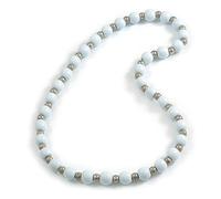 White Painted Wood and Silver Tone Acrylic Bead Long Necklace - 70cm L