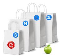 White Paper Bags with Handles - 25 Pack, XLarge 12 x 12.5 x 5.5", Twisted Handle Carrier Bag, Retail Lunch Party Gift