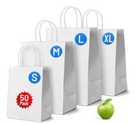 White Paper Bags with Handles - 50 Pack, XLarge 12 x 12.5 x 5.5", Twisted Handle Carrier Bag, Retail Lunch Party Gift