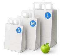 White Paper Bags with Handles - Small 8.5 x 7 x 3", 250 Pack, 70gsm Kraft Material, Takeaway Lunch Grocery Shopping Gift Party