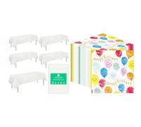 White Paper Table Cover 5pk & Happy Birthday Napkins 100pk Eco Party Bundle
