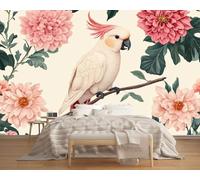 White Parrot with Pink Flowers Wallpaper 230x180cm Retro Flowers Wallpaper Murals,for Living Room Not Self Adhesive Wall Paper Large Mural & Room Decor