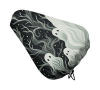 White Patterned Ghost Bike Seat Cover Waterproof Oxford Fabric, Universal Adjustable Bicycle Saddle Cover with Drawstring Easy Install Protective Rain Dust Covers for Women Men