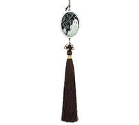 White Patterned Ghost Car Pendant Sun Catcher Crystal Ornament for Rearview Mirror, Elegant Car Hanging Ornament with Tassel for Home & Office Decor