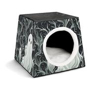 White Patterned Ghost Cat Bed for Indoor Cats - Foldable Cat & Dog House with Removable Cozy Cushion, Waterproof Oxford Washable Pet House for Small Pets 13.8" X 13.8" X 11.8"