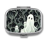 White Patterned Ghost Pill Box - 2 Compartment Travel Pill Organizer with Small Mirror, Portable Pillcase for Pocket & Purse, Cute Square Medicine Case, Weekly Medicine Container