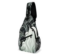 White Patterned Ghost Sling Bag Small Crossbody Bags with Adjustable Strap Durable Chest Bag for Hiking Travel