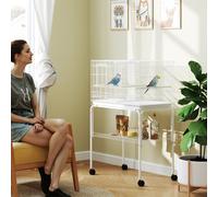 PawHut Bird Cage with Divider, Parrot Cage with 4 Wooden Perches, Slide Out Tray, 4 Feeders and Wheeled Stand, for Budgie, Lovebird, Canary, Finches, 76 x 46 x 116cm, White