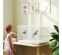 (White) PawHut Bird Cage with Divider, 4 Wooden Perches, Slide Out Tray