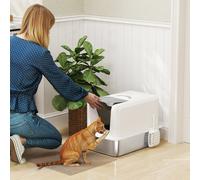 (White) PawHut Stainless Steel Cat Litter Box with Removable Lid, Scoop