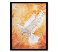 White Peace Dove Warm Orange Red Watercolour Framed Art Print Artery8 Orange W12 inch x H16 inch