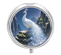 White Peacock and Moon Pill Box - 3 Compartment, Round Metal Pill Case with Mirror, Portable Medicine Holder for Purse/Wallet/Travel