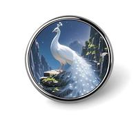 White Peacock And Moon Round Badge for Men Women, Durable & Stylish Lapel Pins, Lightweight Metal Badges for Shirts, Jackets, Hats