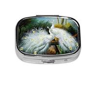 White Peacock Convenient and Stylish Square Pill Box – Full Print Metal Coated Pill Case, Portable and Easy to Open, Perfect for Travel and Everyday Use