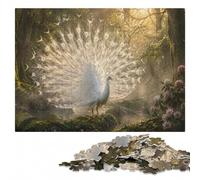 White Peacock Displaying Feathers in Forest Jigsaw Puzzle, 300 Pieces | Puzzle gift for adults with activity for family time during indoor leisure.