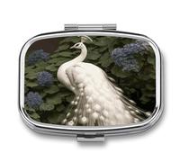 White Peacock Pill Box 2 Compartment Portable Travel Pill Case with Mirror Square Metal Medicines Storage Container Pocket Medicine Box to Hold Vitamins Fish Oil