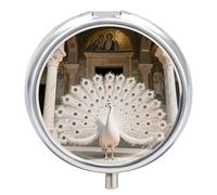 White Peacock Pill Box Travel Pill Organizer 3-Compartment with Mirror Design Portable Round Medicine Case for Vitamins, Jewelry & Essentials Durable Pocket Pillcase for Purse, Camping