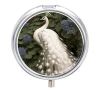 White Peacock Pill Box with 3 Compartments, Portable Travel Pill Case with Metal Round Mirror for Medication Storage, Pocket Medicine Box