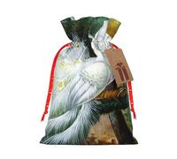 White Peacock Printed Christmas Drawstring Bags with Red Christmas Ribbon - Reusable Burlap Drawstring Gift Pouches, M