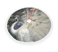 White Peacock Printed Christmas Tree Skirt 30 inch with Tassel Tree Base Cover for Xmas Tree Christmas Decorations