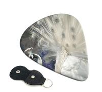 White Peacock Printed Guitar Picks, 6 Pack with Leather Keychain Pick Holder - 0.46mm, 0.71mm, 0.96mm Assorted Thickness for Acoustic Ukulele, Electric Guitar, Acoustic Guitar, Bass