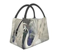 White Peacock Printed Insulated Lunch Bag - Portable Lunch Tote Bag For Men & Women - Large Capacity Cooler Bento Bag For Work, Picnic, Travel - Collapsible Lunch Box With Leakproof Pouch