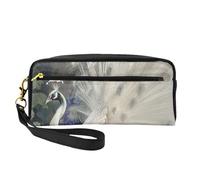 White Peacock Printed Leather Makeup Bags with Wrist Strap Portable Travel Toiletry Bag Cosmetic Organizer Bag for Women