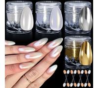 White Pearl Chrome Nail Powder, Gold Silver Metallic Mirror Effect Nail Chrome Powders, Iridescent Aurora Glitter Metal Powders for DIY Nail-Art Design Decoration
