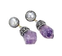 White Pearl Purple Amethyst Rough Crystal Paved Silver Stud Earrings