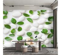 White Pebbles Wallpaper, Zen Stone Green Leaf Wall Mural for Living Room, Bedroom, Non-Woven Wall Papaer Decoration, Photo Wallpaper & Home Decor, 450x315 cm (WxH) K-MZ&24