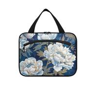 White Peonies Dark Blue Background Hanging Travel Toiletry Bag for Men with Hook, Designer Multifunctional Toiletry Bag for Women Travel Gym maletín para maquillaje L