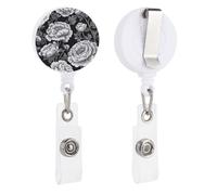 White Peonies Gray and Black Retractable Badge Holder Reel Clip ID Card Holder for Doctor Nurse Student Office Worker