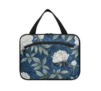 White Peonies on A Dark Blue Background Hanging Cosmetic Bag for Women with Hook, Designer Expandable Make up Bags for Accessories for Women Work organizador de maquillaje para L