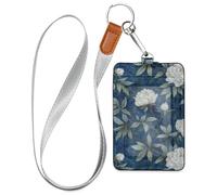 White Peonies on A Dark Blue Background Leather Name Badge Holder with Lanyard and 3-Card Capacity id Holder for Staffs Officers Students Doctors Employees