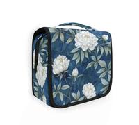 White Peonies on A Dark Blue Background Toiletry Travel Bag for Women with Hanging Hook Compact Cosmetic Organizer Traveling