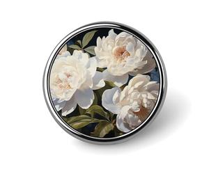 White Peony Badge Holder Personalized Metal Button Pin Fashion Round Badge with Pattern Pin DIY Button Badges Exquisite Brooch Crafts Gift Clothes Decorative Pins