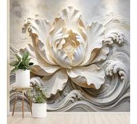 White Peony Flower Wall Mural Sculptural 3D Peony Petal Pattern Non-Woven Wallpaper Abstract Wave Texture Floral Art Photo Wallpaper 159 x 280 cm Cream Beige Wall Decor for Living Room Bedroom Featu