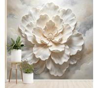 White Peony Flower Wall Mural Wallpaper Marble Effect Sculptural Floral Non-Woven Luxury Modern Magnolia Botanical Art Photo Wallpaper 130 x 80 cm Beige Grey Wall Decor for Living Room Bedroom Walls