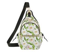 White Peony Flowers Green Leaves Crossbody Bag, Shoulder Bag with Magnetic Front Pocket, Polyester Sling Pack with