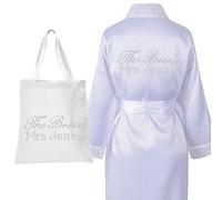White Personalised Crystal THE BRIDE ROBE & TOTEBAG Luxury Satin Bride Bathrobe Wedding Kimono Dressing gown(set2)