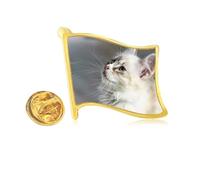 White Pet Cat Animal Profile Cute Stare Golden Metal Flag Lapel Pin Badge