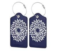 White Petals in A Circular On Navy Blue Luggage Tag | 2 Pack Leather Suitcase Tag With Privacy Flap Name Id Label And Metal Loop