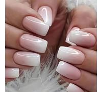 White Pink Gradient False Nails - 24pc Square Press-on Nails - 12 Sizes - Funky French Tip - Full Coverage Acrylic Stick-on for Women & Girls Nail Art