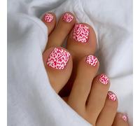White Pink Leopard Print Square Toenails - Short Stick On Fake Nails Set for Women, Summer Beach Toe Art Design, High Gloss Fashion Pedicure Kit, Reusable, Easy Application