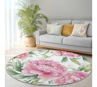 White Pink Non-Slip Round Rug for Living Room, Watercolor Flowers Peony Pattern Soft Low-Pile Circle Carpet for Bedroom Kitchen Hall Lounge Bedside Office Dining Room Decor - 90 x 90 cm