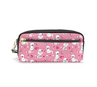 White Pink Poodle Dogs Hearts Flowers Seamless on Pink PU Leather Pencil Case, Pencil Bag Storage Pouch Pen Marker Stationery Bag Holder for School Office Portable Zipper Pouch