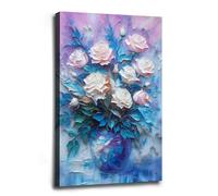 White Pink Roses in Purple Vase, Floral Oil Painting Print, Romantic Blossom Canvas Wall Art, Botanical Poster Prints Soft Dreamy Floral Arrangement for Living Room Bedroom Framed Ready to Hang